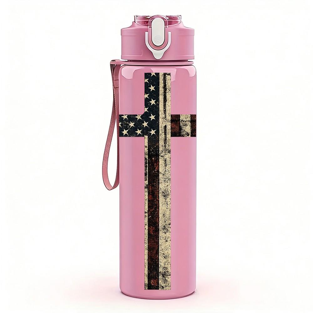 1PC Simple Christian Cross Solid Print 750ml Color Plastic Sports Water Bottle Leakproof Flip Straw Lid Suitable for Sports Office Home Use