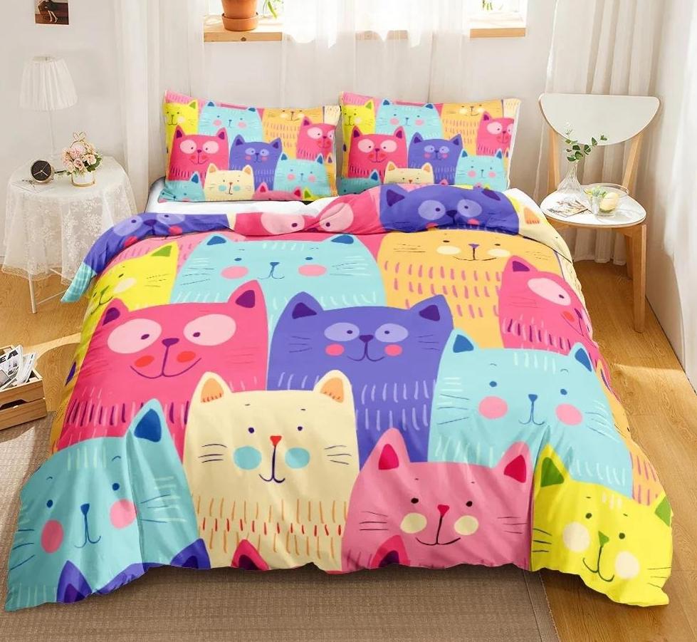 Мультяшный Милый Кот Пуховое Одеяло Пододеяльник 3-х Предметный Комплект Односторонней Печатью Постельное Белье Удобный Пододеяльник С 2 Наволочками