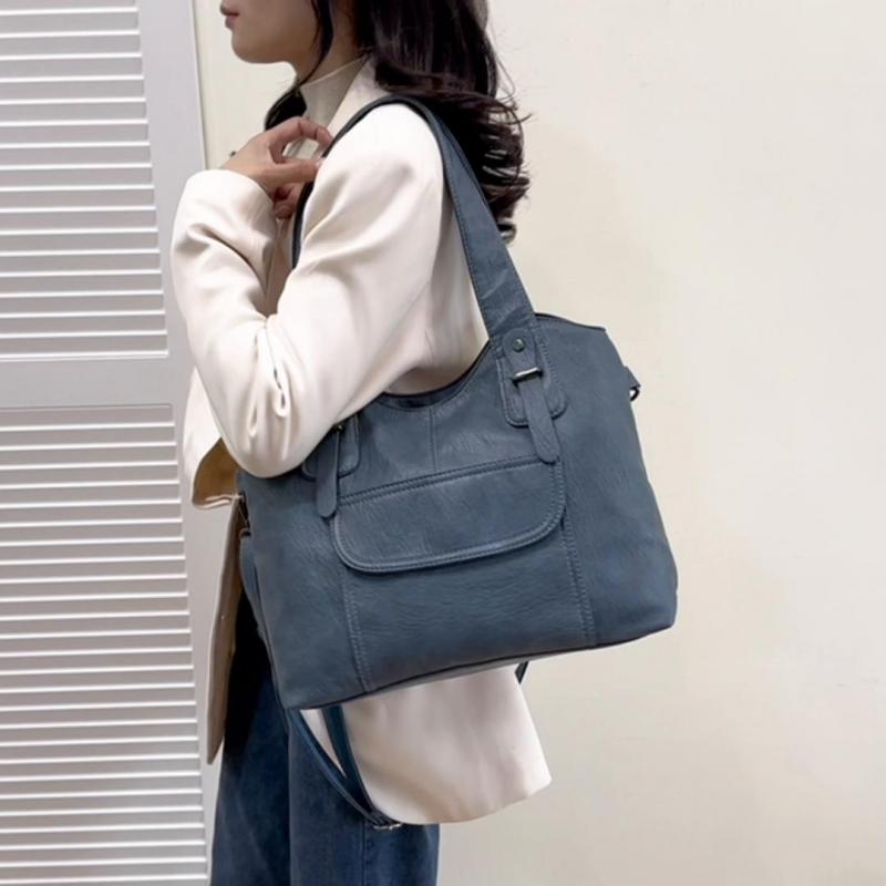 Women'S Elegant Solid Color PU Leather Shoulder Bag With Zipper Closure Polyester Lined Tote Versatile Handbag For Work