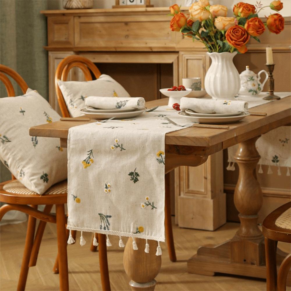 with Tassel Table Cloth Rustic Style Table Linen Simple Linen Embroidery Table Runner Farmhouse