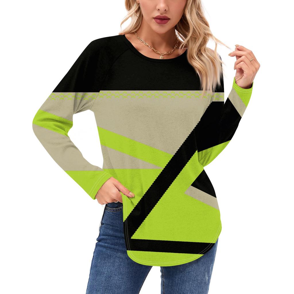 Женские рубашки с длинным рукавом, повседневная мода, туника с геометрическим принтом, топы с круглым вырезом, базовая свободная футболка