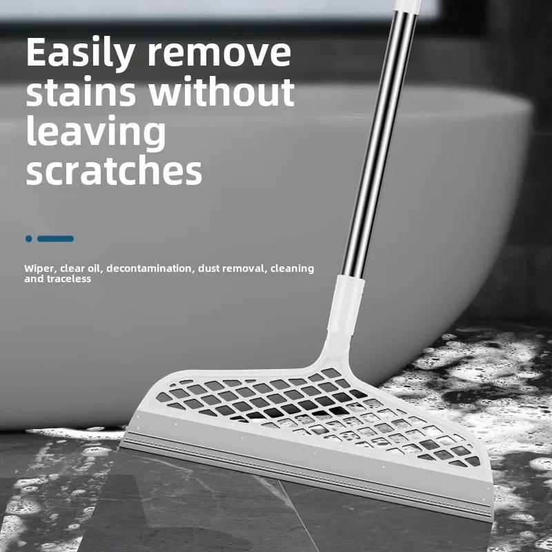 Long Handle Silicone Broom Waterproof Floor Scraper Pet Hair Catcher Multi Surface Cleaner for Bath Kitchen Hardwood Tiles