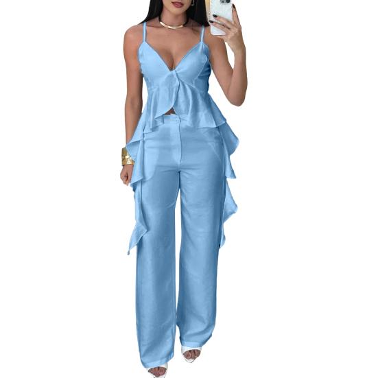 Женский топ с V-образным вырезом и брюками, топ на бретельках с оборками и прямые брюки, дышащий деловой костюм, летний повседневный наряд для офиса, вечеринки, улицы