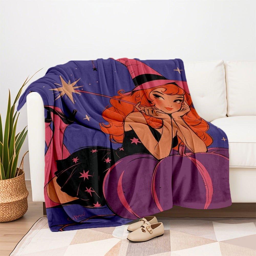 Halloween Witch with Pumpkin Illustration Art PrintBlanket Flannel Throw Blanket for Sofa, Bed, Travel, Camping, Office, Couch, Chair