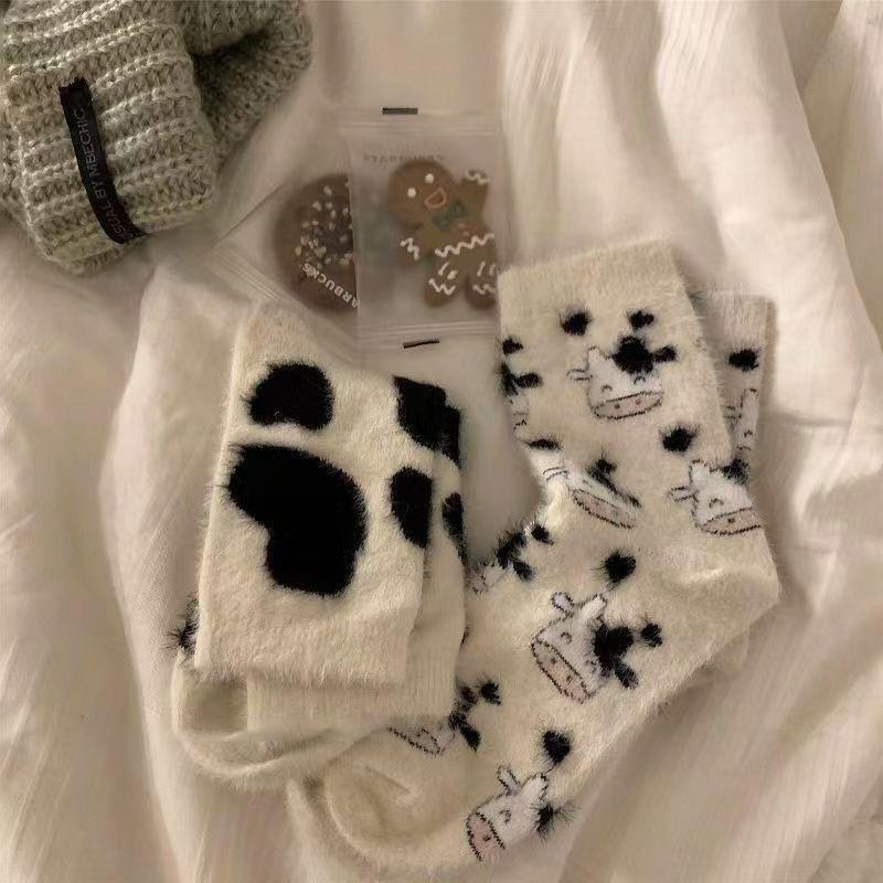 Cow Print Mink Plush Socks For Women Girl Mid Tube Stockings Warm Coral Velvet Sleep Floor Sock Winter Thermal Slipper Funny Sox
