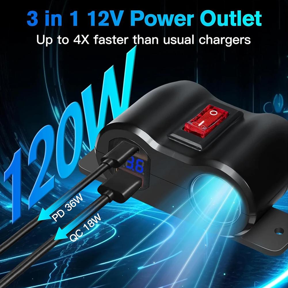12-24V USB C Ports Socket 36W PD3.0+18W QC3.0 Dual USB Built-in Car Camper Adapter Cigarette Lighter For RV Marine Motorcycle