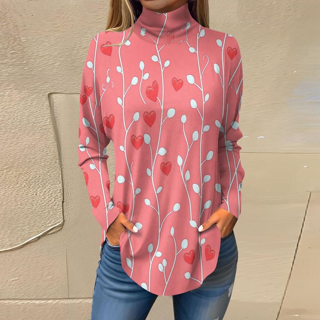 Футболки для женщин, осенние повседневные рубашки с длинным рукавом, толстовка с принтом, топ с высоким воротом, пуловер