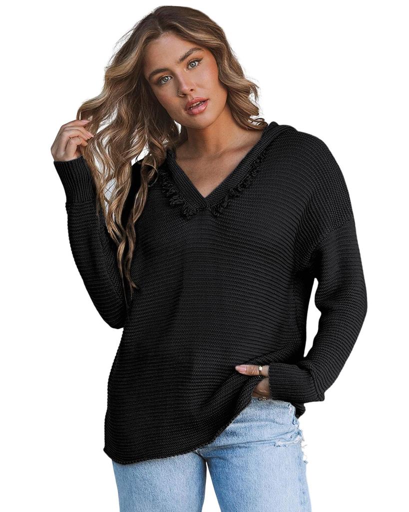 Azura Exchange Свитер с капюшоном и V-образным вырезом в рубчик