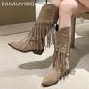 Suede Women High Boots Tassels Fashion Chunky Shoes Knee High Snow Chelsea Botas Winter  New Trend Woman Designer Zapatos
