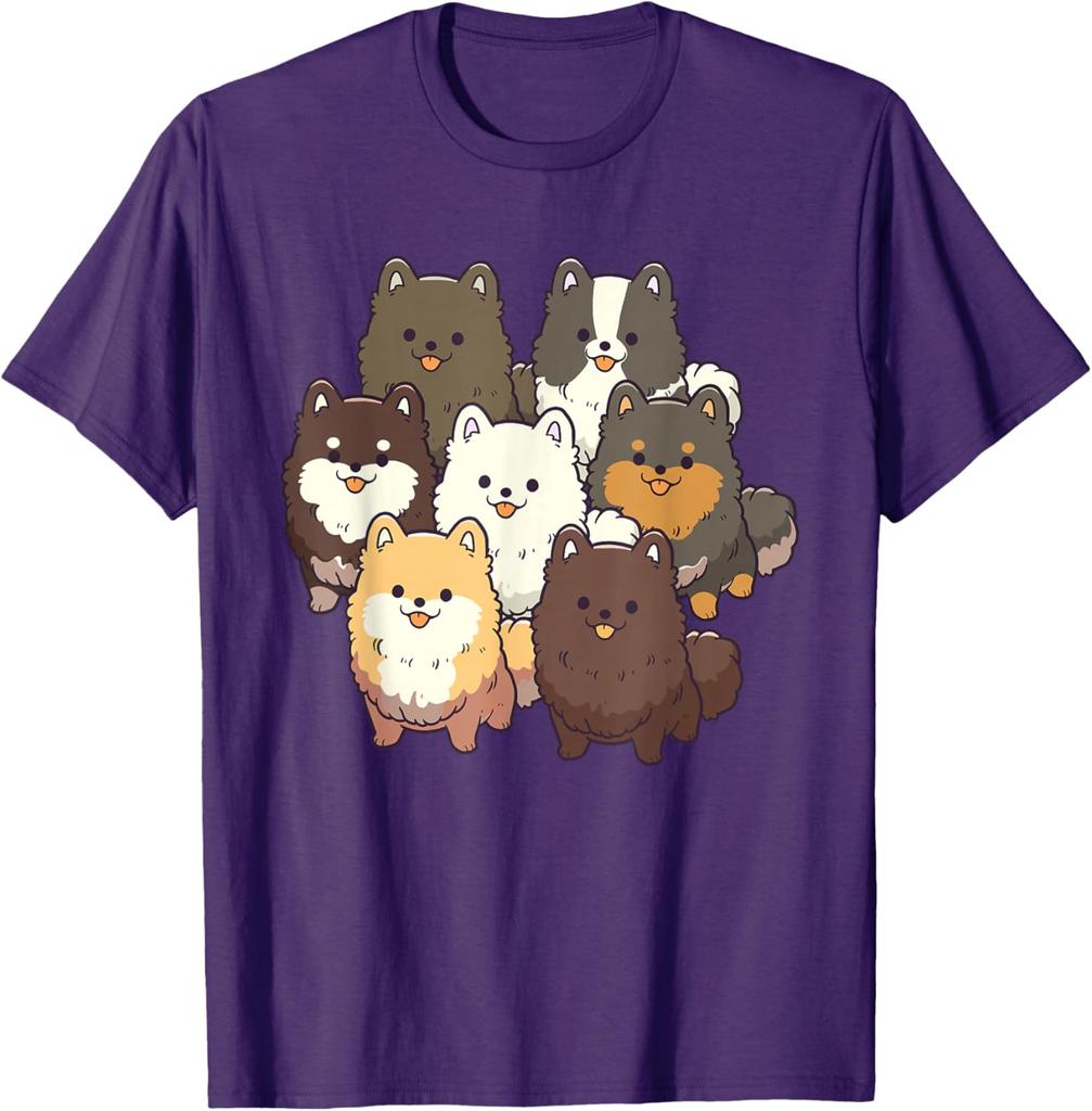 Cute Pomeranian Dog Group Cartoon Print Casual Cotton T-Shirt for Men Trip