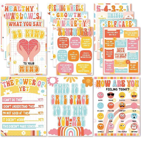 EggSun 15pcs Mental Health Posters for Classroom Office Decor, Calming Corner Therapy Awareness Office Decor Wall Art for School Homeschool