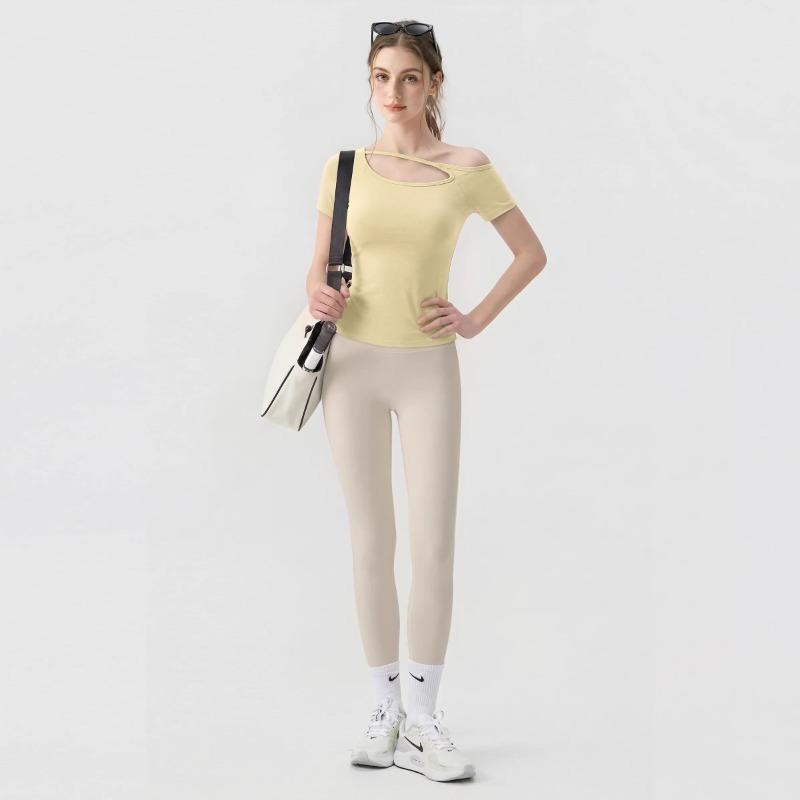New yoga clothes women with chest pads, hollow short sleeves, autumn oblique collar, off-the-shoulder top, sports running yoga clothes