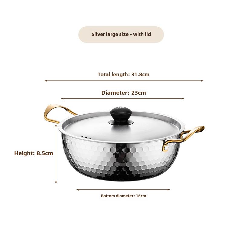 Золотая корейская кастрюля для лапши быстрого приготовления с молотковым узором из нержавеющей стали - многоцелевая кастрюля для лапши быстрого приготовления и супа с крышкой