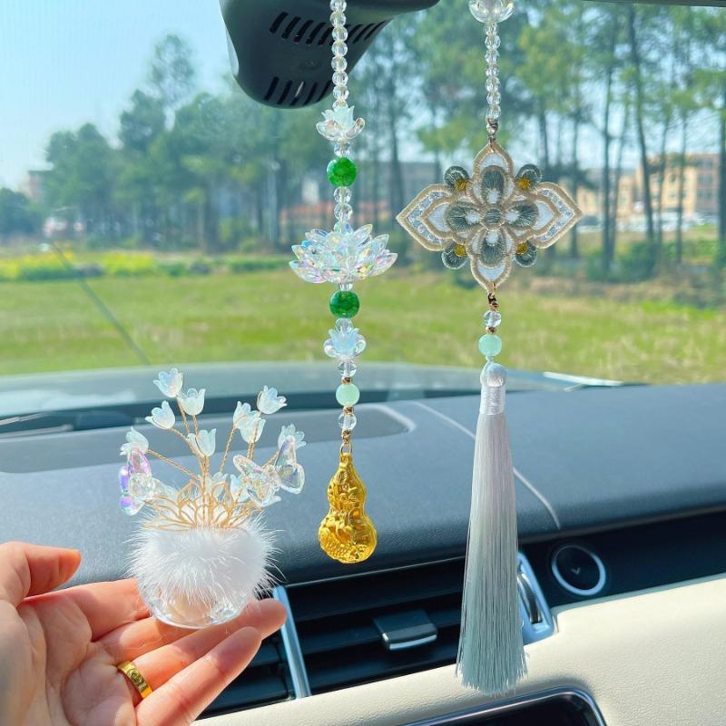 Embroidered Lotus Good Luck Gourd Tassel Car Hanging Ornament
