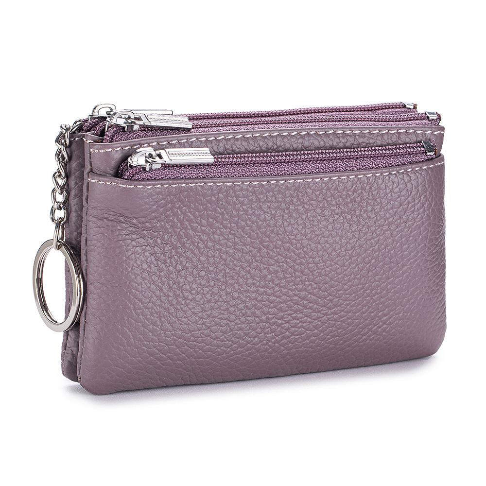 Fashion Women's Genuine Leather Coin Purses Mini Pouch Change Wallets 3 Zippered Change Pouch Wallet with Key Ring for Women