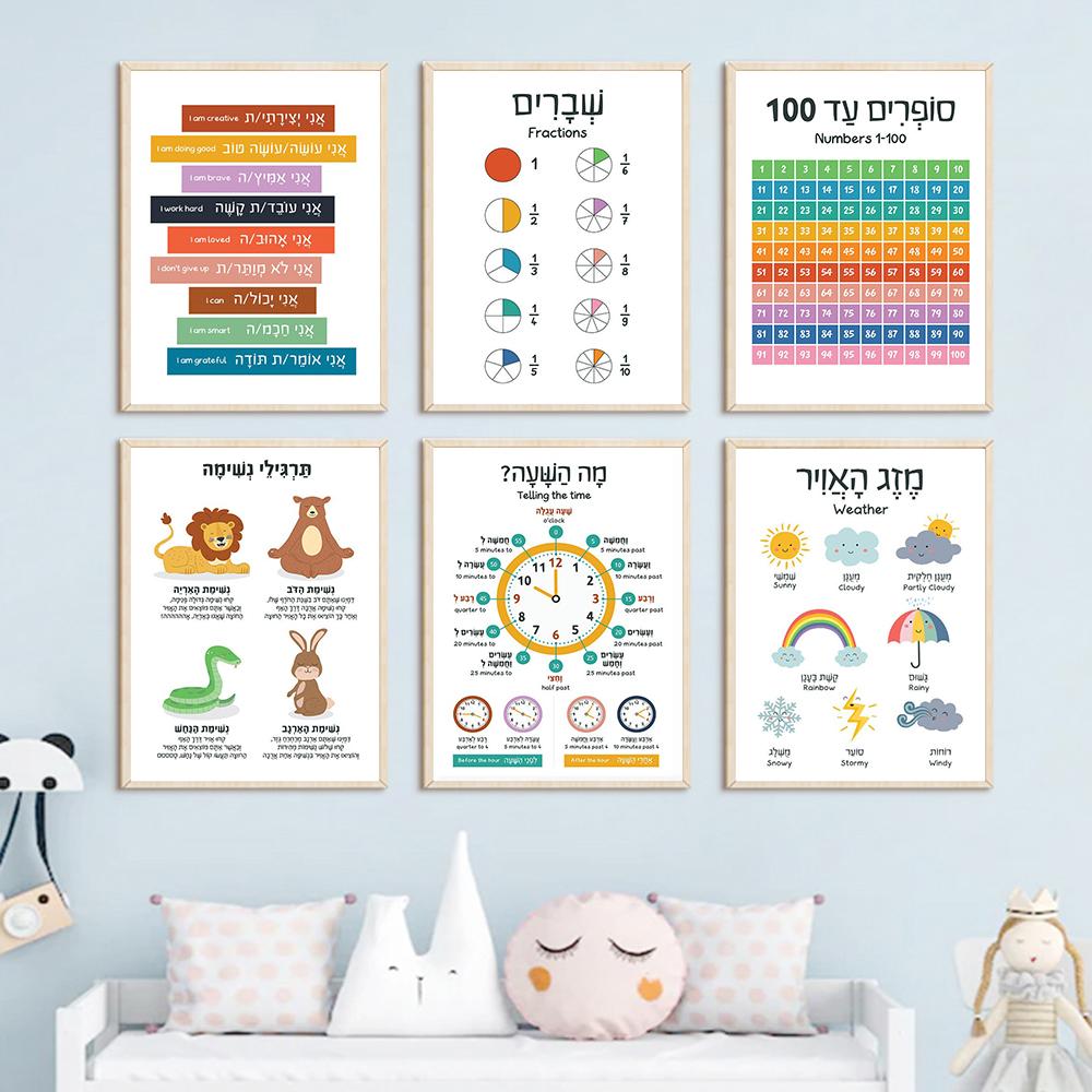 Hebrew English Bilingual Education Illustration Painting Colorful Quote Kidroom Wall Art Poster Nursery Child Canvas Study Print