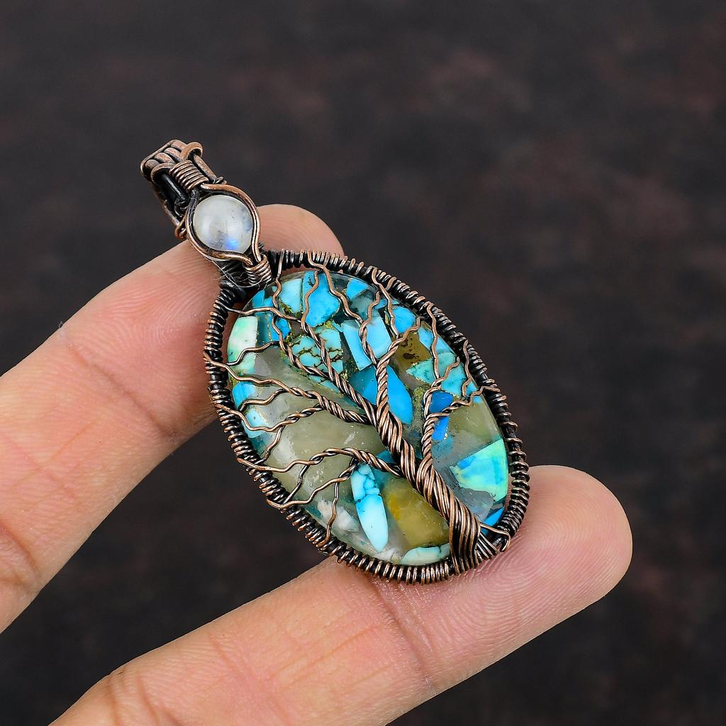 Дерево жизни Медный голубой бирюзовый кулон Медная проволока обернутый кулон Драгоценный камень ювелирные изделия Лунный камень кулон для подарка Медные украшения ручной работы