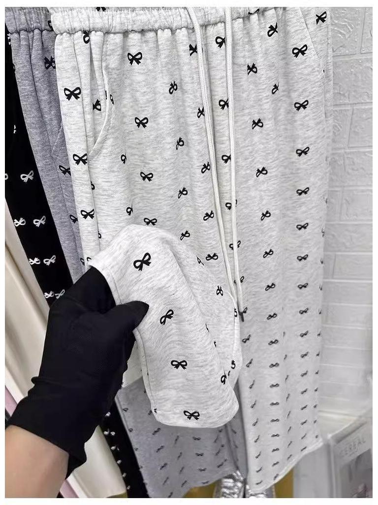 Брюки с высокой талией и широкими штанинами в корейском стиле с принтом бантиков для женщин - Миниатюрные и стройнящие, на начало осени