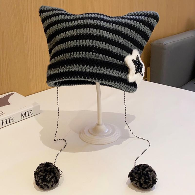Y2K милая вязаная шапка-бини со звездой дьявола Ins Skullies, полосатая вязаная шерстяная шапка, осень-зима, пуловер с кошачьими ушками, заостренный женский головной убор