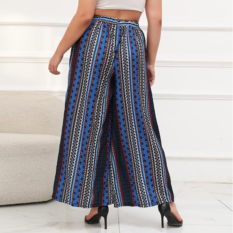Summer Women's Pants Plus Size Wide Leg Pants Bohemian Style Striped Blue Elastic Waist Pants Seaside Vacation Beach Pants