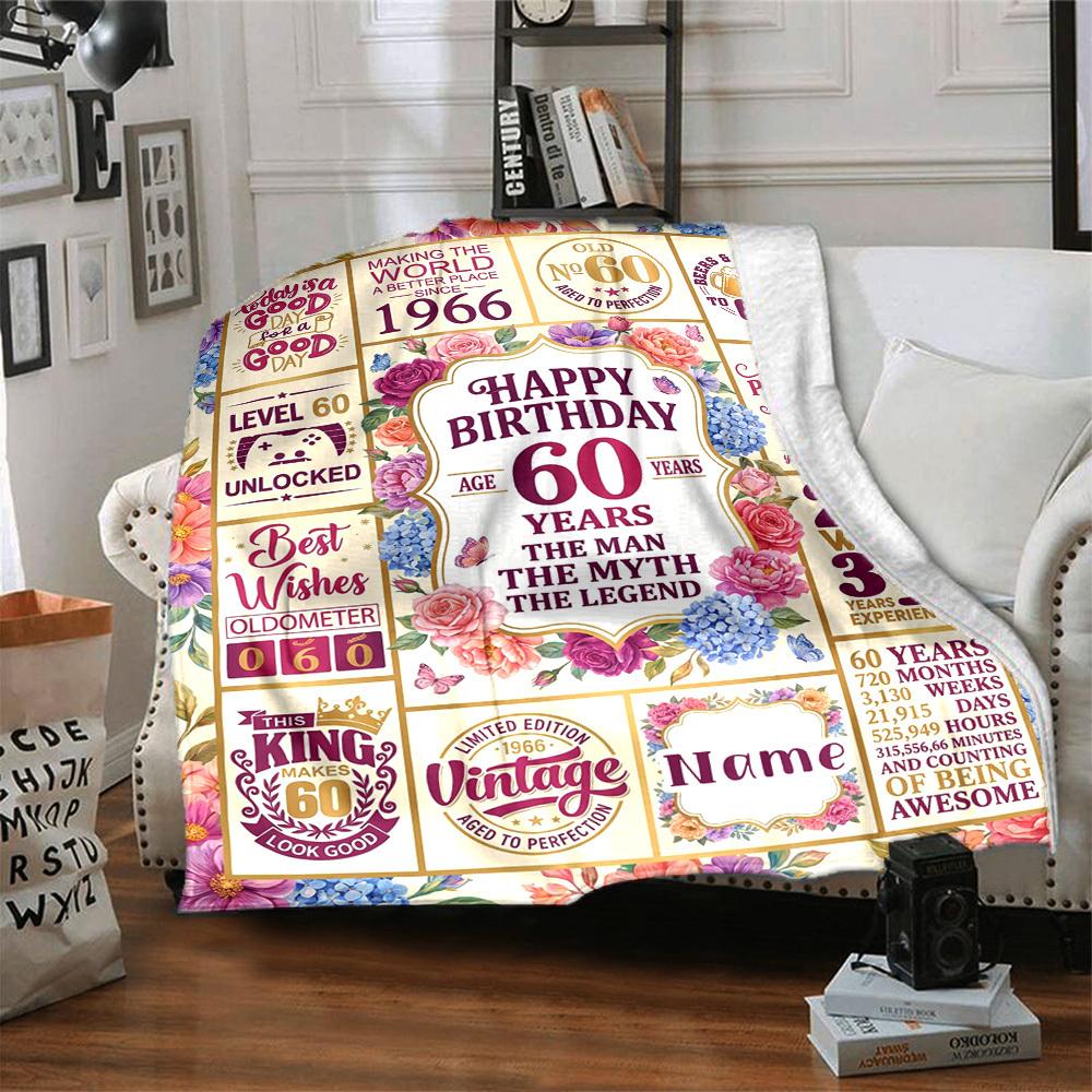Happy 60Th Birthday Blanket Personalized Name Soft Warm And Versatile For Sofa Bed Office And Travel Machine Washable Comfortable In All Seasons Best