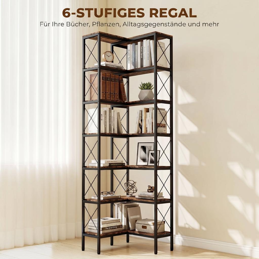 6-Tier L-Shaped Bookshelf, Freestanding Corner Bookcase with Metal Frame, Rustic Brown