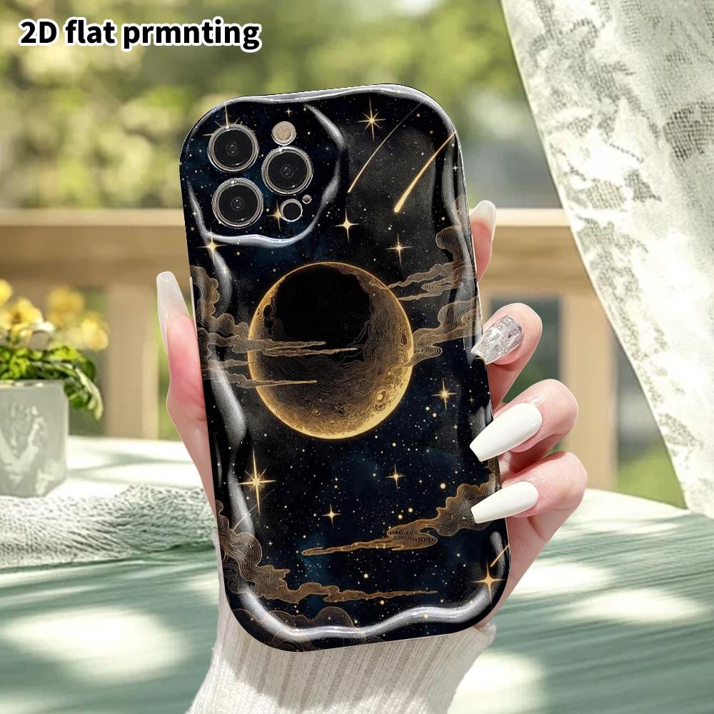 Phone case: 2D flat, fits iPhone 12 Pro to 18, phone decoration, black and gold line art of a moonlit night, perfect for Christmas and Halloween holid