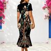 Women Plus Size V Neck Short Sleeve Black Printed Fitted Fishtail Dress