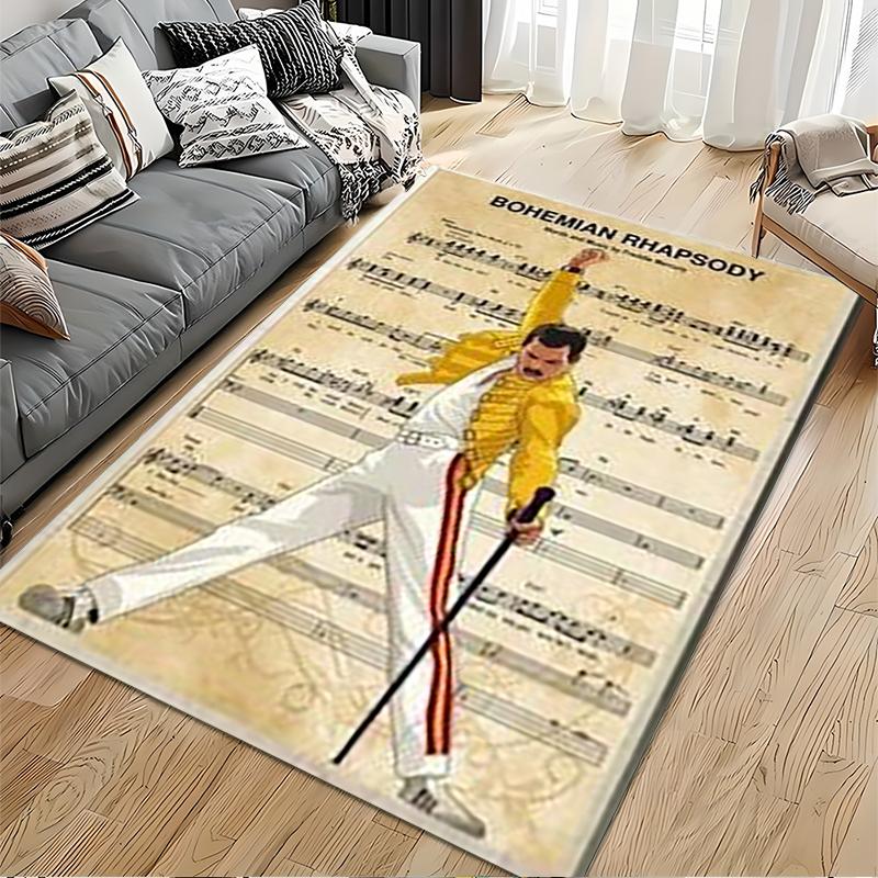 Pop Culture Area Rug, Bohemian Rhapsody Freddie Mercury Sheet Music Yellow Jacket Poster, Man Cave Decor, Non-Slip Mat