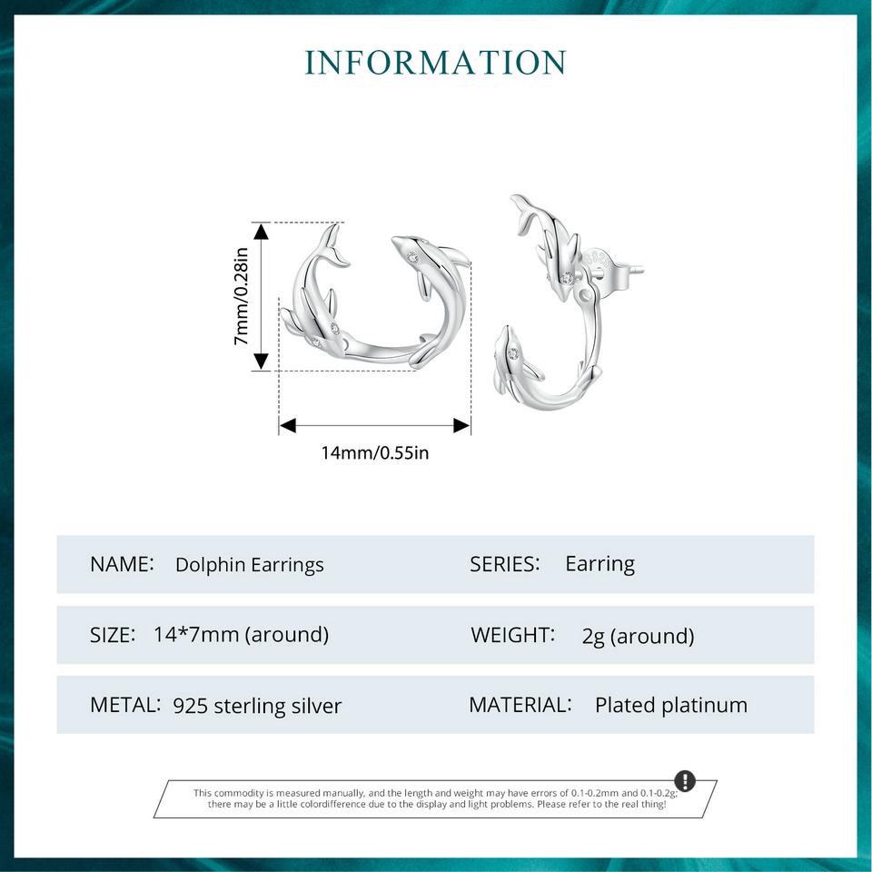 BAMOER стерлингового серебра 925 пробы серьги-гвоздики с дельфинами съемные серьги для женщин вечерние ювелирные изделия с платиновым покрытием