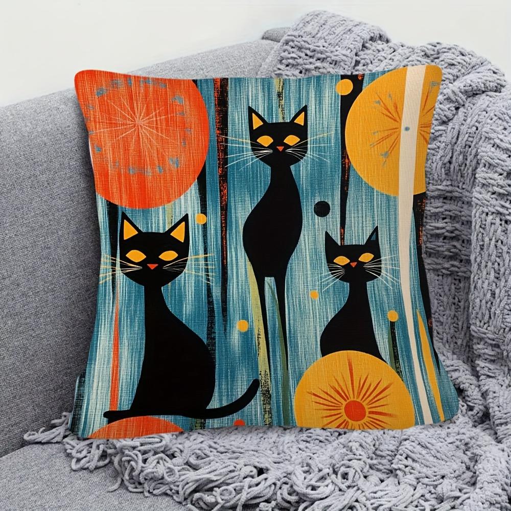 Mid-Century Modern Black Cat Throw Pillow Cover, Retro Atomic Age Geometric Art Decorative Pillow Case