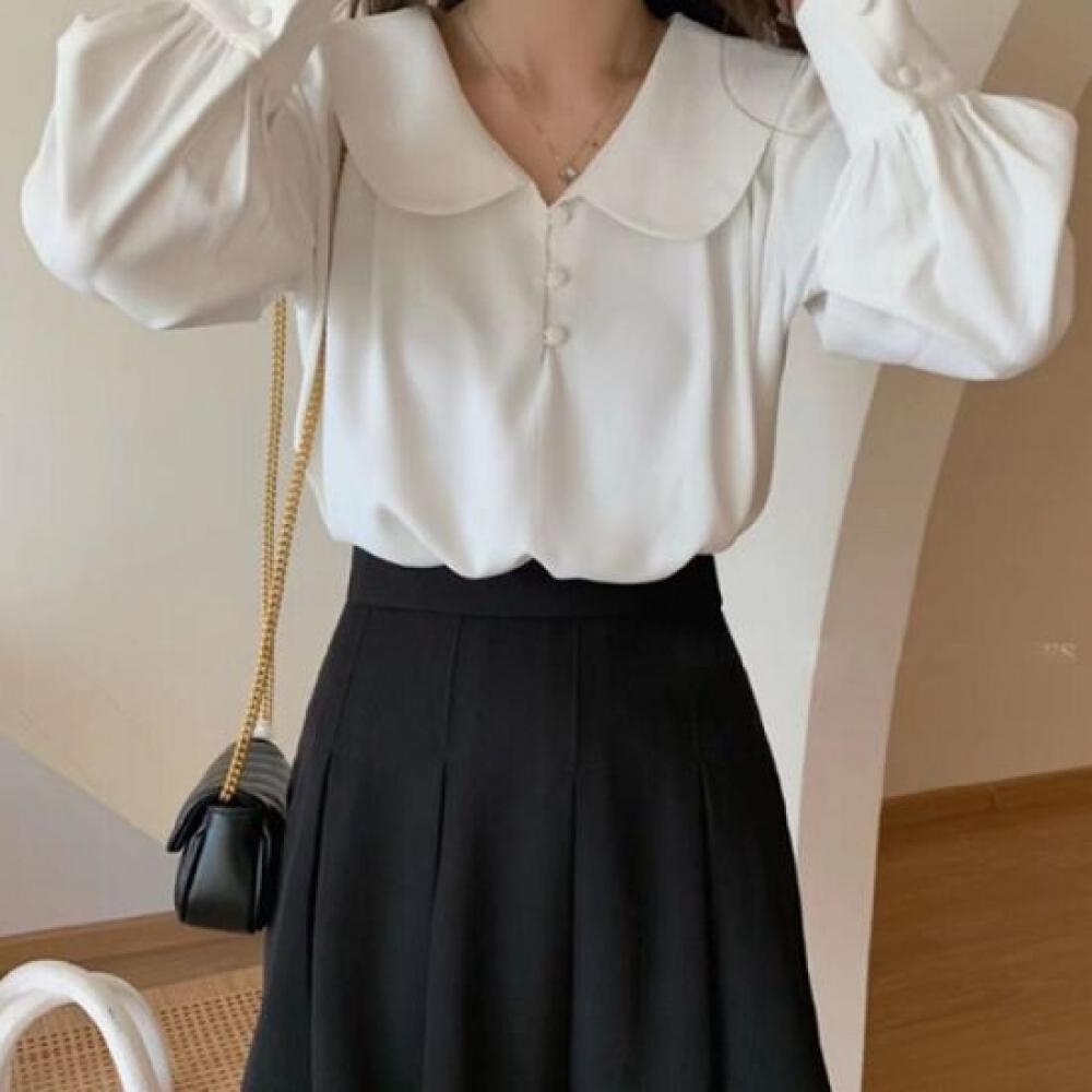 Navava Women Lovely Solid Round Collar Long Sleeve Blouse Nb3018