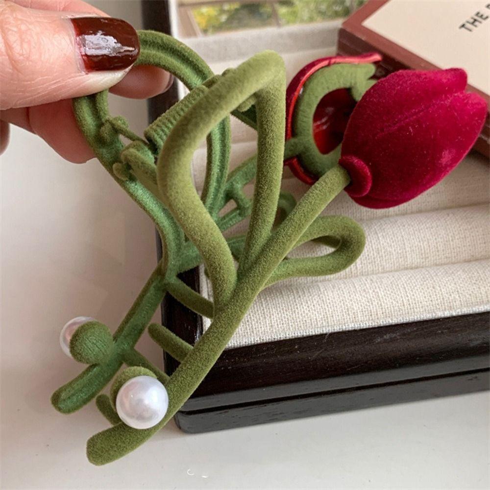 Clip Female Hair Accessories Red Velvet Hair Claw Korean Style Headwear Flocking Tulip Hair Clip