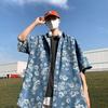 Womens Short Sleeve Denim Shirt Floral Print Vintage Washed Loose Fit Casual Top