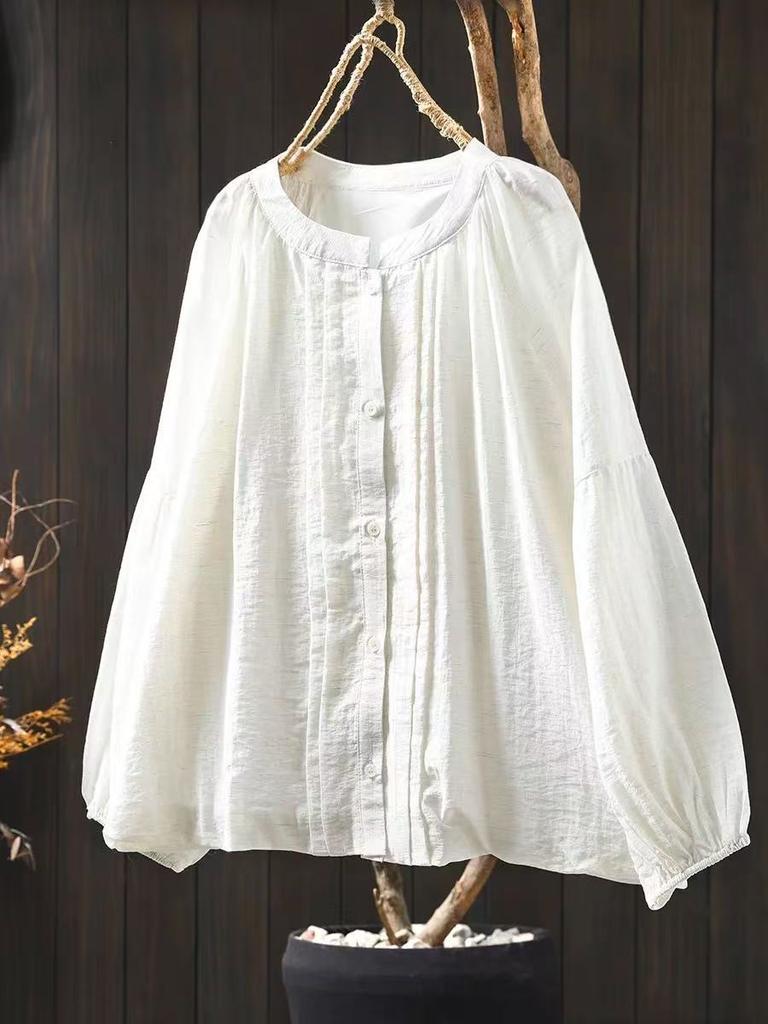 Johnature Women Spring Vintage Shirts Button Solid Color Blouses Loose O-Neck Long Sleeve Casual Female Shirts