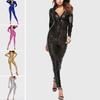 Women Mesh Hole Zipper Faux Patent Leather Tight Jumpsuit Nightclub Bodysuit