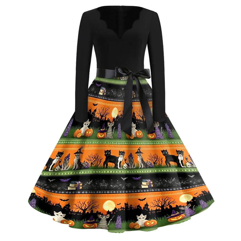 Women's Casual Vintage V Neck Dress Halloween Printed Long Sleeve Retro Style Pumpkin Bat Pattern Full Skirt Dress with Waist Tie