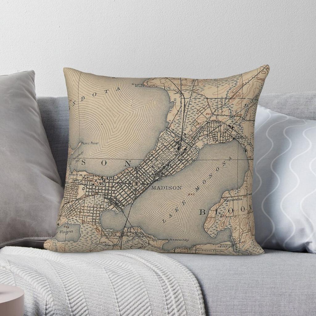 Map Of Madison Wisconsin Square Pillowcase Polyester Linen Velvet Pattern Decorative Throw Pillow Case Sofa Seater Cushion Case
