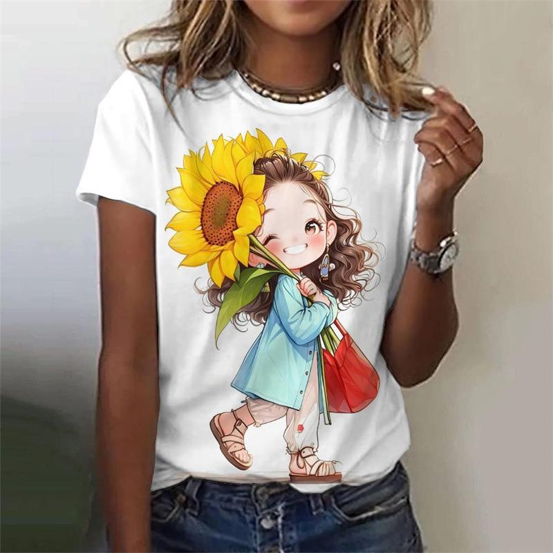 Summer Round Neck 3D Anime Girl Printed Top Fashionable Casual Short Sleeved Women's T-shirts