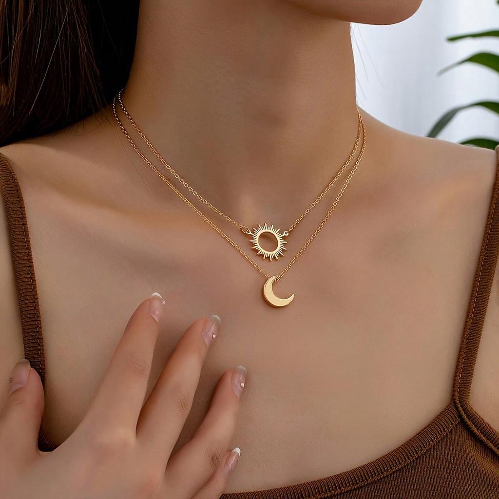 Набор из 2 подвесок на цепочке «Солнце и Луна» - Винтажный и Минималистичный Стиль, Железная Ковка, Богемные Ювелирные Изделия в Подарок, Идеально для Женщин Мужчин Повседневный Наряд