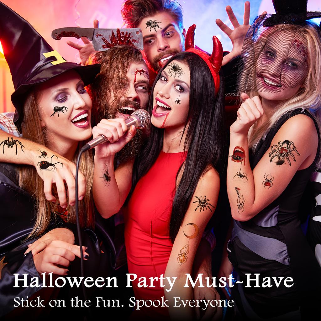 8PCS Halloween Temporary Tattoo - Designs for evil spiders, bats, pumpkins, etc., for face painting, party gifts, and decorations