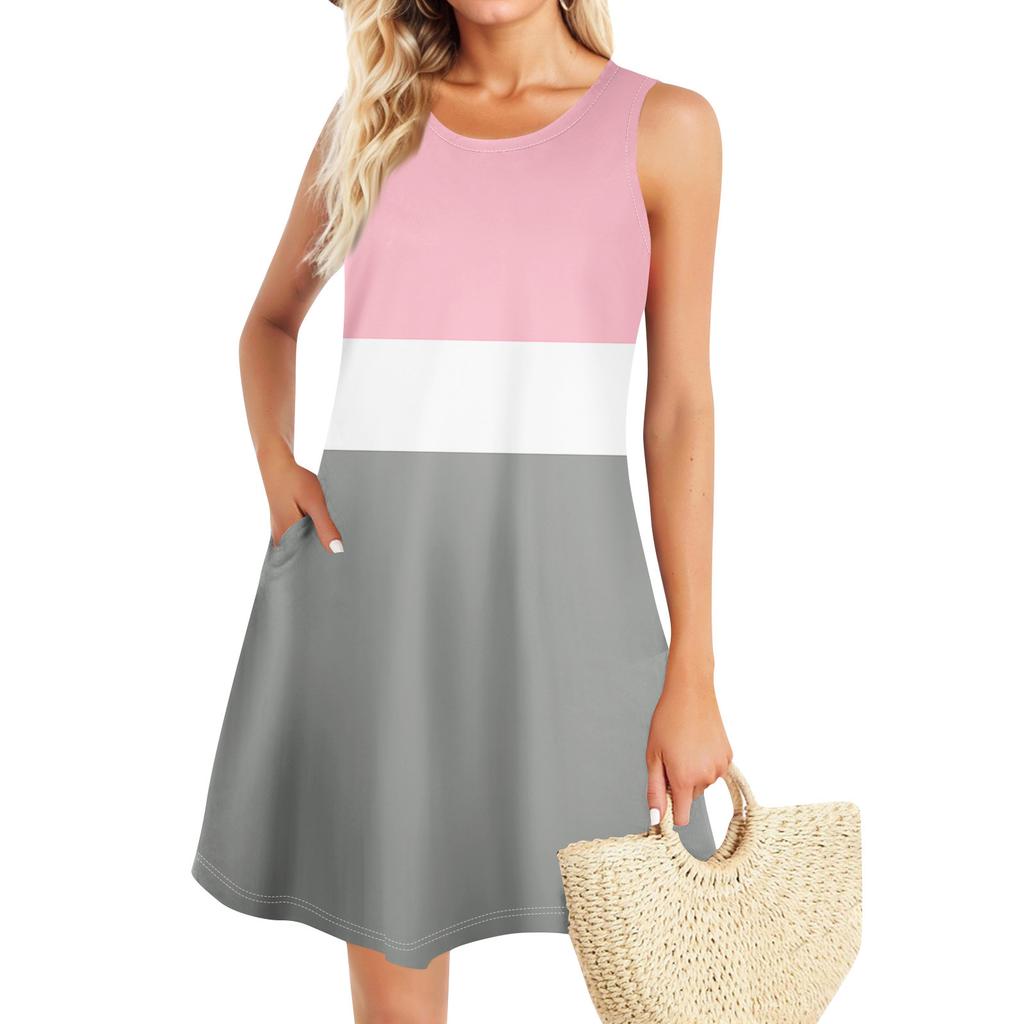 Summer Dresses For Women Beach Boho Sleeveless Vintage Printing Flowy Pocket Tshirt Tank Sundresses