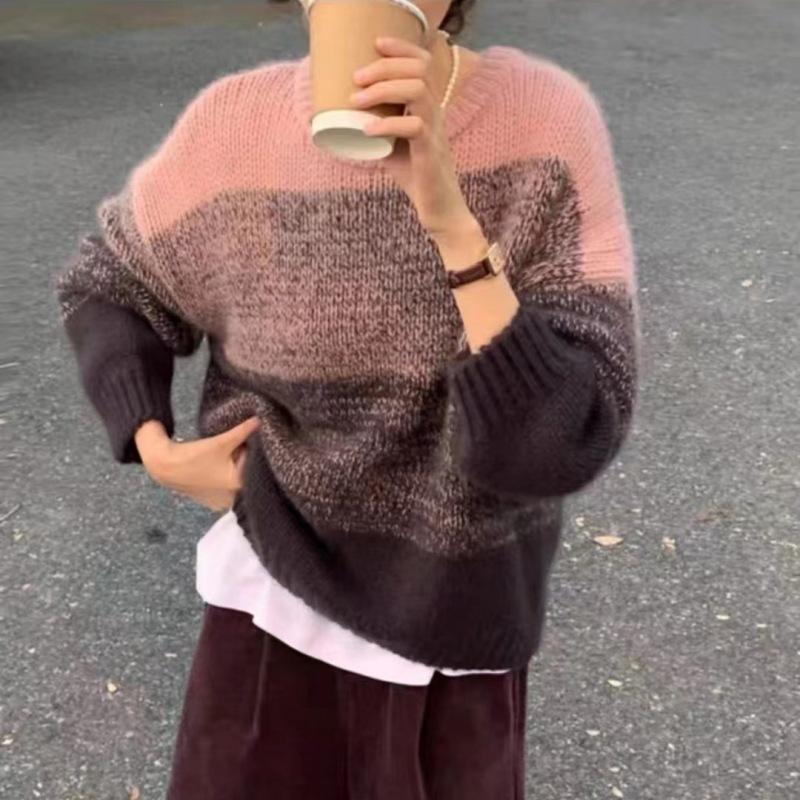 Women's Fashion Casual Fall Winter Colour Block Print Long Sleeve O-Neck Sweaters