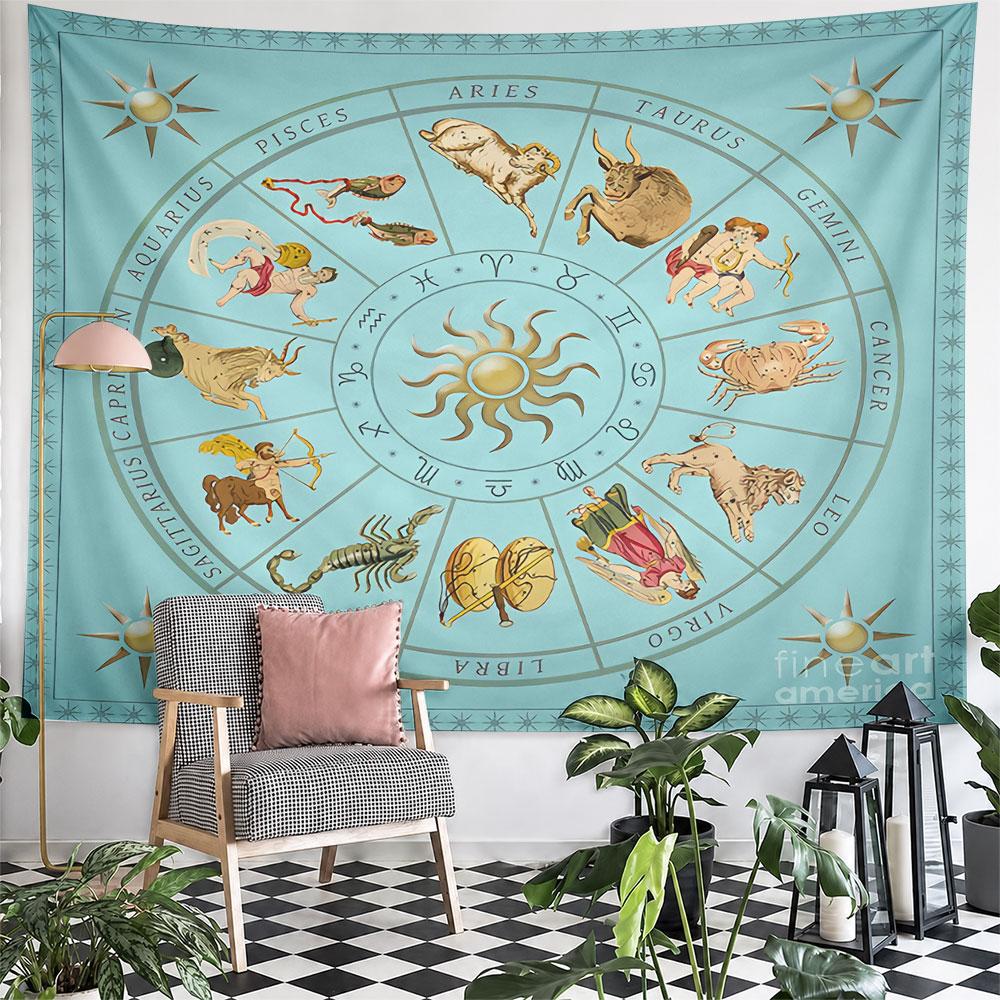 Zodiac Wheel Twelve Signs Tapestry Wall Hanging Astrology Myth Cartoon Decor for Bedroom Study Room Living Room Gift