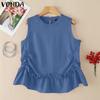 Women Round Neck Sleeveless Ruffled Twisted Hem Casual Tank Tops