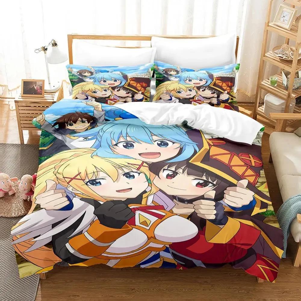 KonoSuba 3D Кавай Картонный Аниме Мягкий Комплект Пододеяльников для Взрослых Молодых Парней Спальни 2-местный 3-предметный Комплект Постельного Белья Мягкий Пододеяльник Комплект Постельного Белья