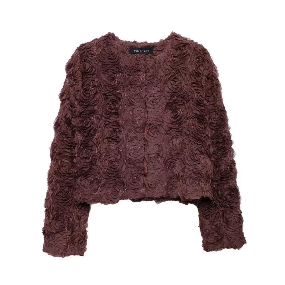 TRA&F Elegant 3D Flower Short Coats Women Fashion Long Sleeve Female Jackets 2024 Autumn Lady Y2k High Street New Outerwears