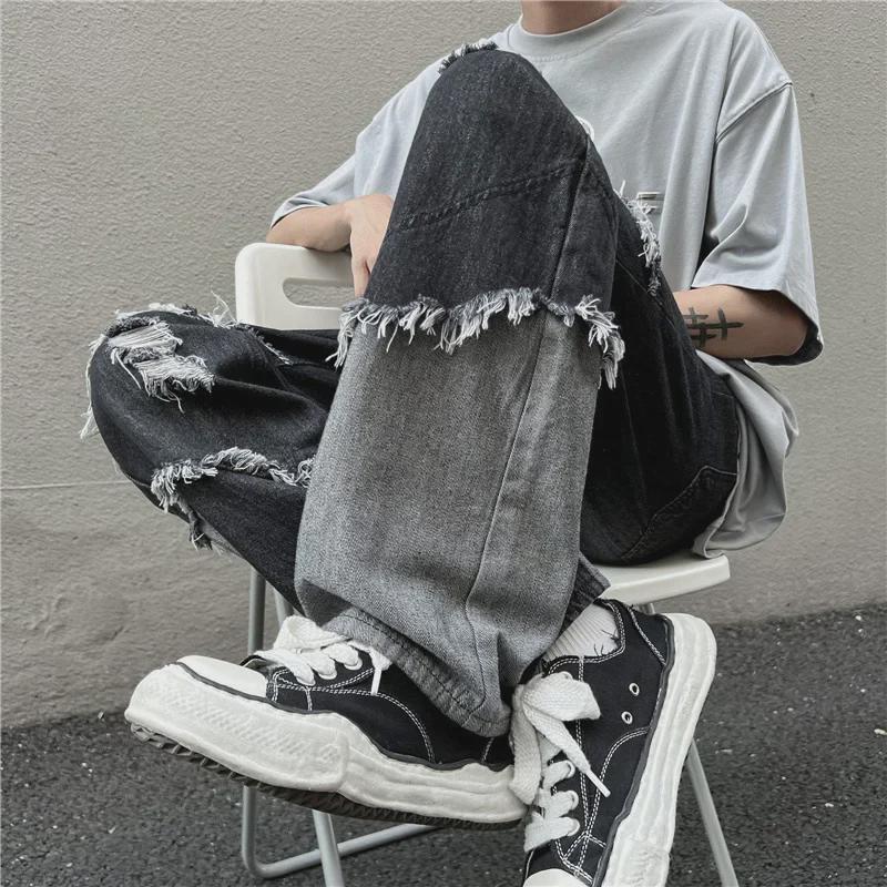 Men's Trendy Harajuku Tassel Jeans - Loose Fit, Raw Edge, Hip-Hop Style with Contrast Color Straight Pants