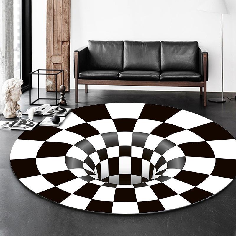 Disney Black White Plaid 3D Visual Carpet Circular Vortex Living Room Coffee Table Sofa Floor Mat Bedroom Home Decor Rug