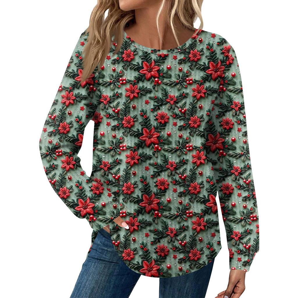 Women's Fashion Long Sleeve Christmas Loose Long Sleeve Round Neck Casual Top